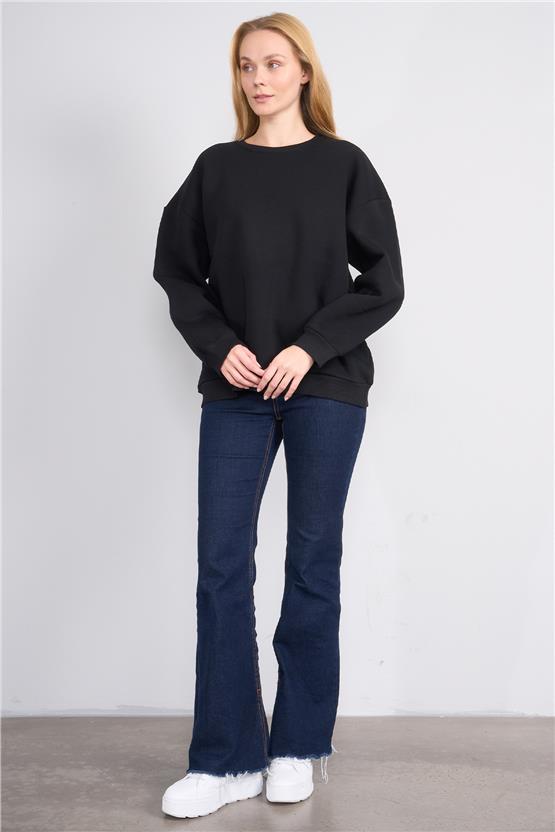 Çetinkaya Fithit 8128 Kadın Bisiklet Yaka 3 İplik Şardonlu Basic Sweatshirt Siyah