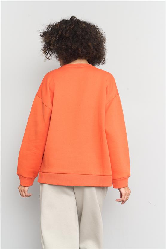 Çetinkaya Fithit 8128 Kadın Bisiklet Yaka 3 İplik Şardonlu Basic Sweatshirt Oranj