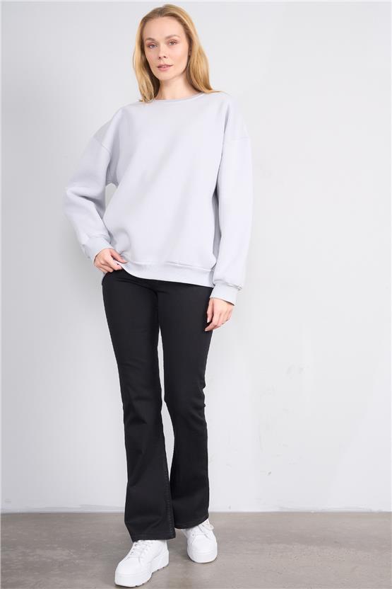 Çetinkaya Fithit 8128 Kadın Bisiklet Yaka 3 İplik Şardonlu Basic Sweatshirt Açık Gri