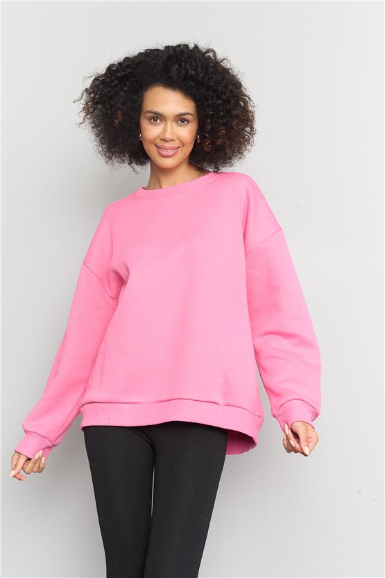 Çetinkaya Fithit 8128 Kadın Bisiklet Yaka 3 İplik Şardonlu Basic Sweatshirt Şeker Pembe