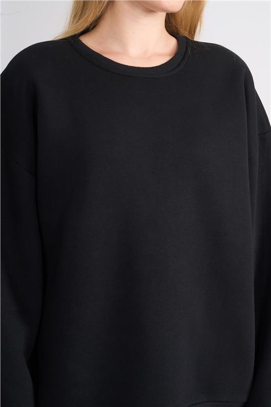 Çetinkaya Fithit 8128 Kadın Bisiklet Yaka 3 İplik Şardonlu Basic Sweatshirt Siyah