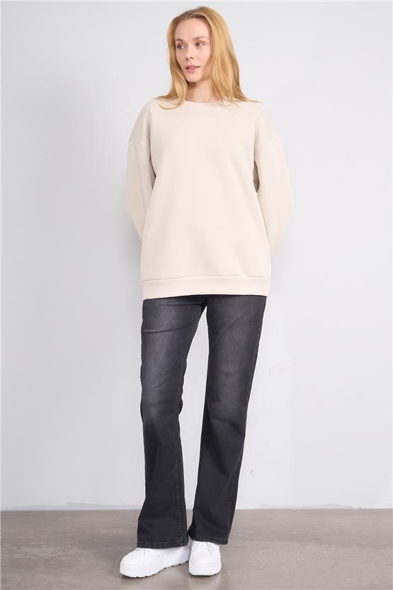 Çetinkaya Fithit 8128 Kadın Bisiklet Yaka 3 İplik Şardonlu Basic Sweatshirt Vizon