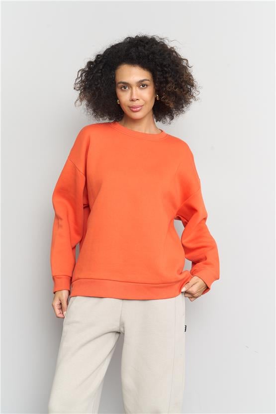 Çetinkaya Fithit 8128 Kadın Bisiklet Yaka 3 İplik Şardonlu Basic Sweatshirt Oranj