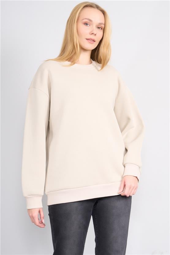 Çetinkaya Fithit 8128 Kadın Bisiklet Yaka 3 İplik Şardonlu Basic Sweatshirt Vizon
