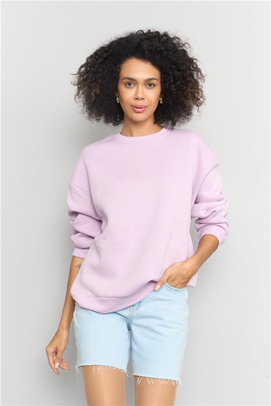 Çetinkaya Fithit 8128 Kadın Bisiklet Yaka 3 İplik Şardonlu Basic Sweatshirt Lila