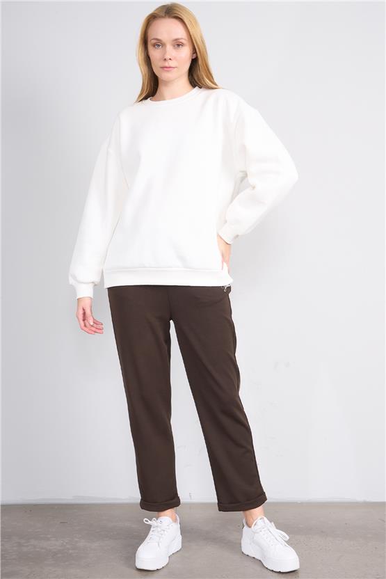 Çetinkaya Fithit 8128 Kadın Bisiklet Yaka 3 İplik Şardonlu Basic Sweatshirt Krem