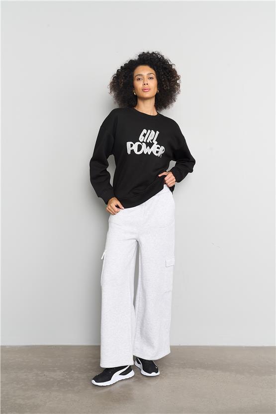 Çetinkaya Fithit 8147 Kadın Bisiklet Yaka 3 İplik Şardonlu Baskılı Sweatshirt Siyah