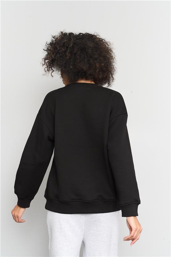 Çetinkaya Fithit 8147 Kadın Bisiklet Yaka 3 İplik Şardonlu Baskılı Sweatshirt Siyah