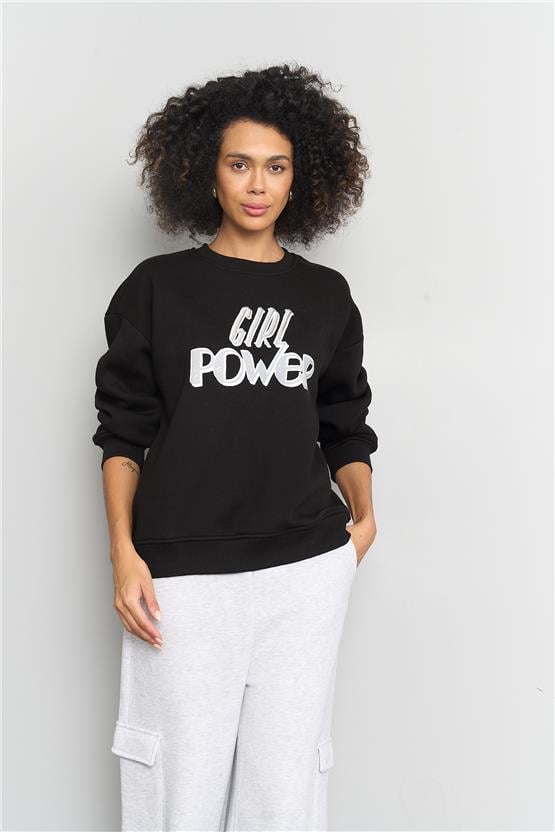 Çetinkaya Fithit 8147 Kadın Bisiklet Yaka 3 İplik Şardonlu Baskılı Sweatshirt Siyah