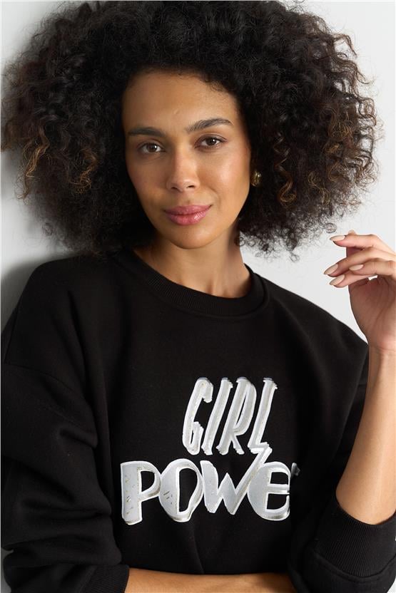 Çetinkaya Fithit 8147 Kadın Bisiklet Yaka 3 İplik Şardonlu Baskılı Sweatshirt Siyah