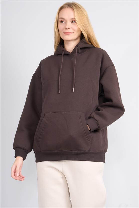 Çetinkaya Fithit 8156 Kadın Kapüşonlu 3 İplik Şardonlu Basic Sweatshirt Kahve