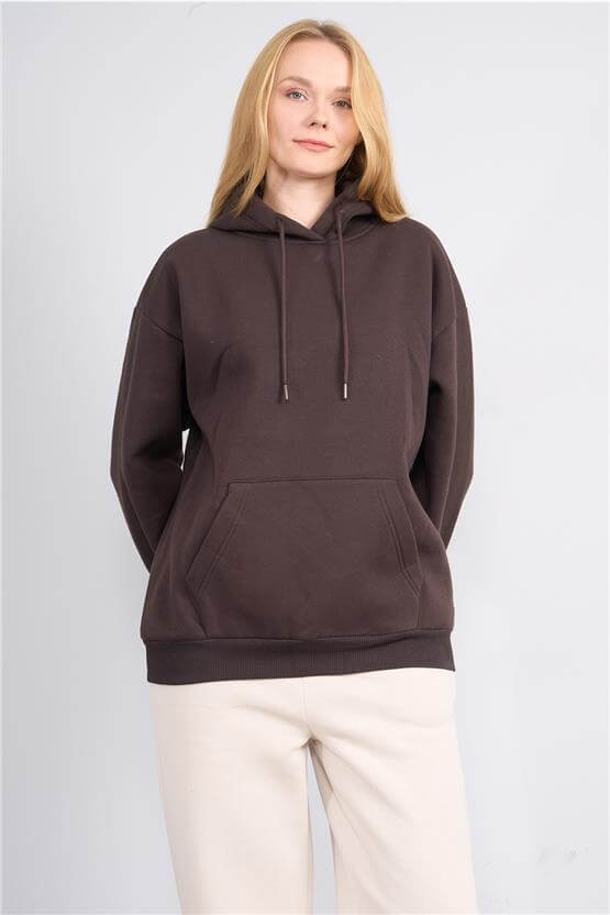 Çetinkaya Fithit 8156 Kadın Kapüşonlu 3 İplik Şardonlu Basic Sweatshirt Kahve