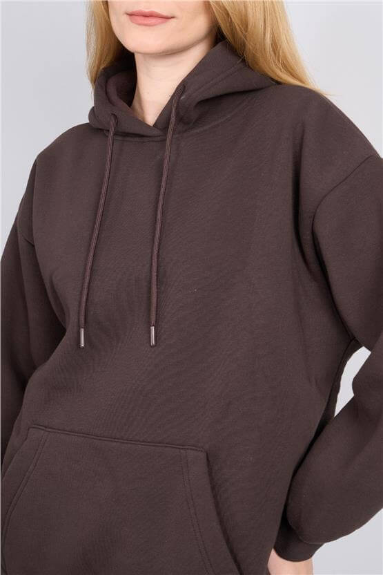 Çetinkaya Fithit 8156 Kadın Kapüşonlu 3 İplik Şardonlu Basic Sweatshirt Kahve