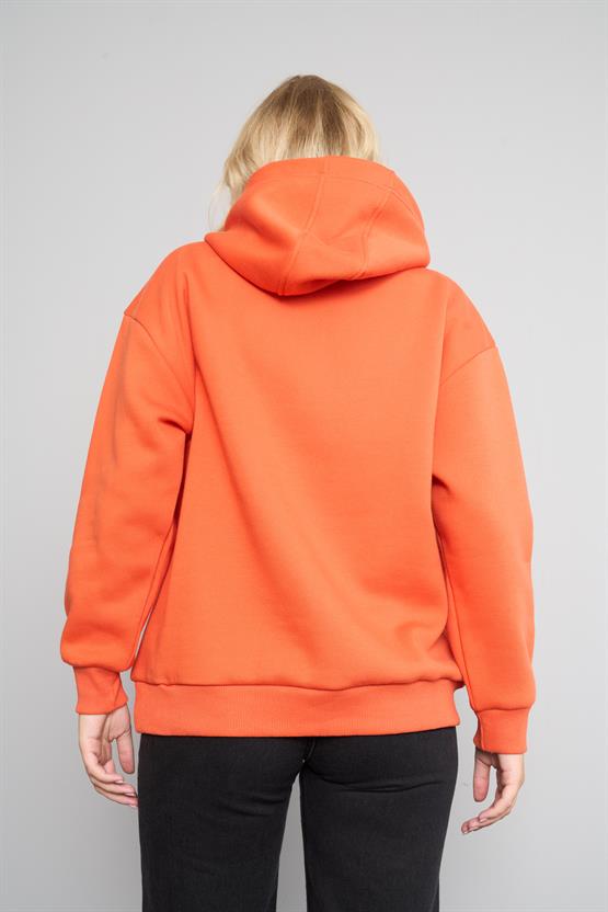 Çetinkaya Fithit 8156 Kadın Kapüşonlu 3 İplik Şardonlu Basic Sweatshirt Oranj
