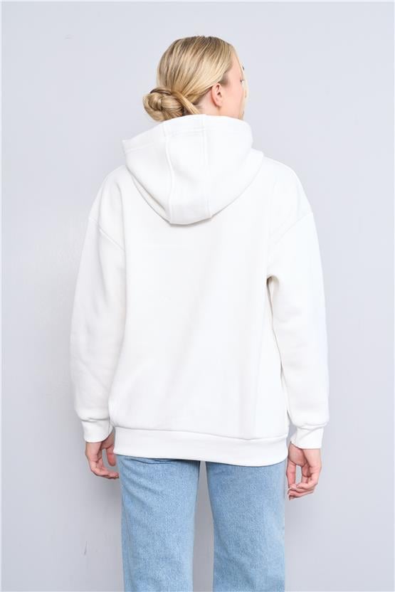 Çetinkaya Fithit 8156 Kadın Kapüşonlu 3 İplik Şardonlu Basic Sweatshirt Krem