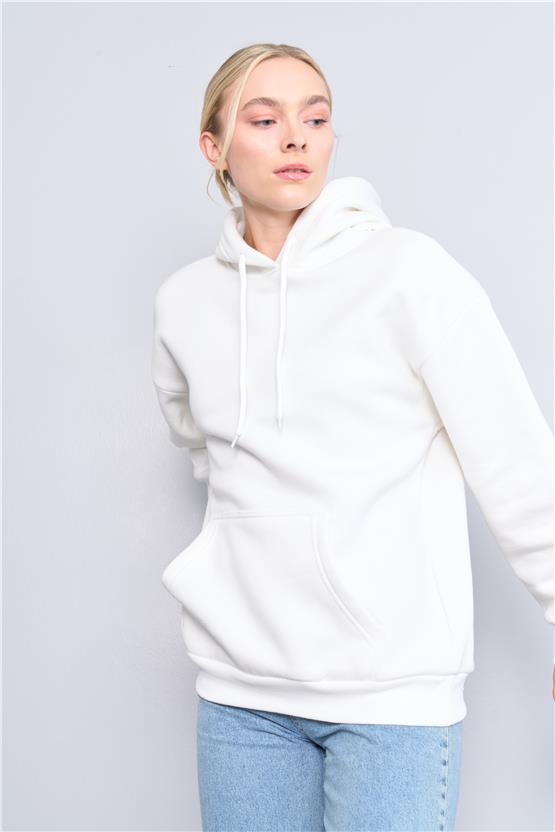 Çetinkaya Fithit 8156 Kadın Kapüşonlu 3 İplik Şardonlu Basic Sweatshirt Krem