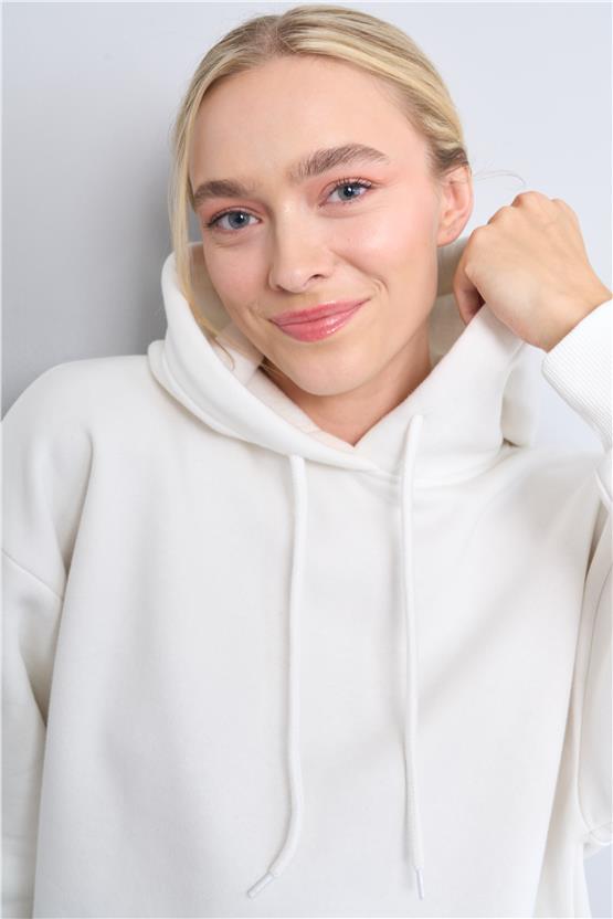 Çetinkaya Fithit 8156 Kadın Kapüşonlu 3 İplik Şardonlu Basic Sweatshirt Krem