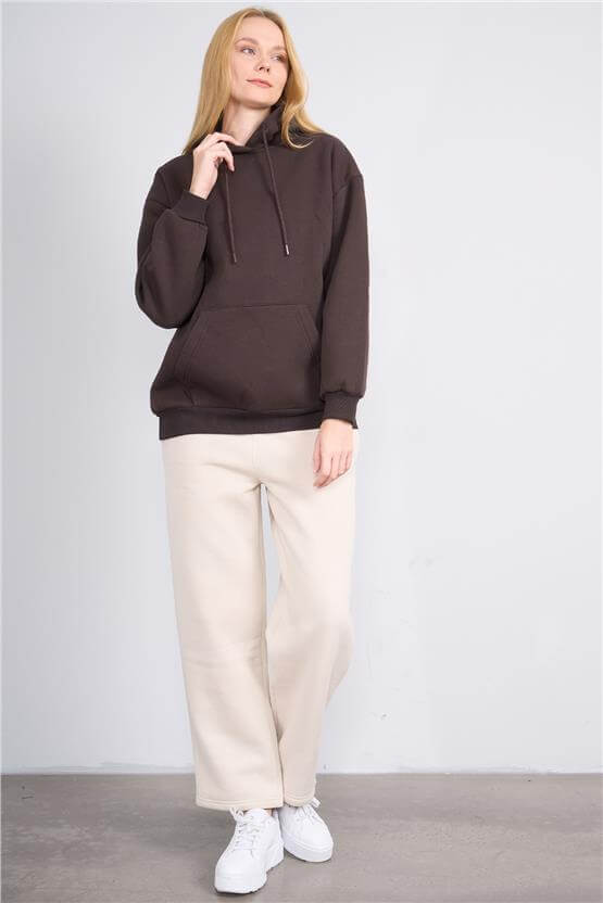 Çetinkaya Fithit 8156 Kadın Kapüşonlu 3 İplik Şardonlu Basic Sweatshirt Kahve