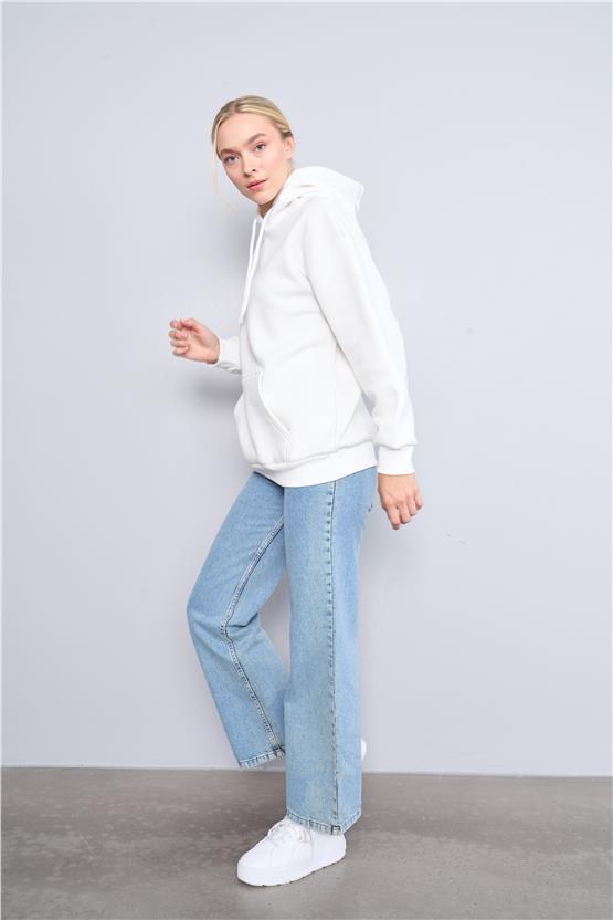 Çetinkaya Fithit 8156 Kadın Kapüşonlu 3 İplik Şardonlu Basic Sweatshirt Krem