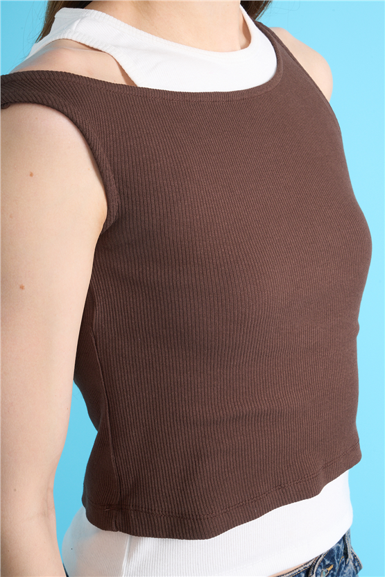 Çetinkaya Fithit 8237 Bayan Bisiklet Yaka Slimfit Kaşkorse Askılı Atlet Kahve