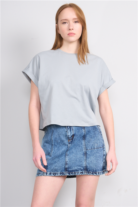 Çetinkaya Fithit 8382 Bayan Bisiklet Yaka 30/1 Penye Oversize T-shirt Açık Gri