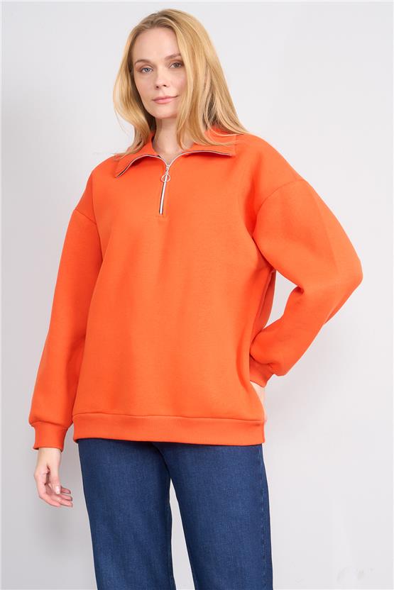 Çetinkaya Fithit 8393 Kadın Fermuarlı Dik Yaka 3 İplik Sweatshirt Oranj