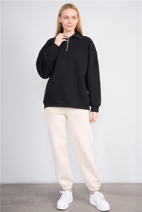 Çetinkaya Fithit 8393 Kadın Fermuarlı Dik Yaka 3 İplik Sweatshirt Siyah