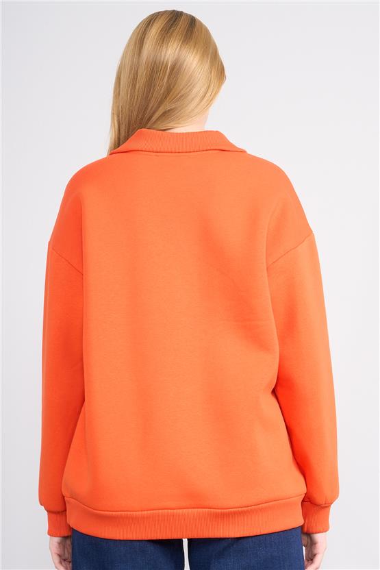 Çetinkaya Fithit 8393 Kadın Fermuarlı Dik Yaka 3 İplik Sweatshirt Oranj