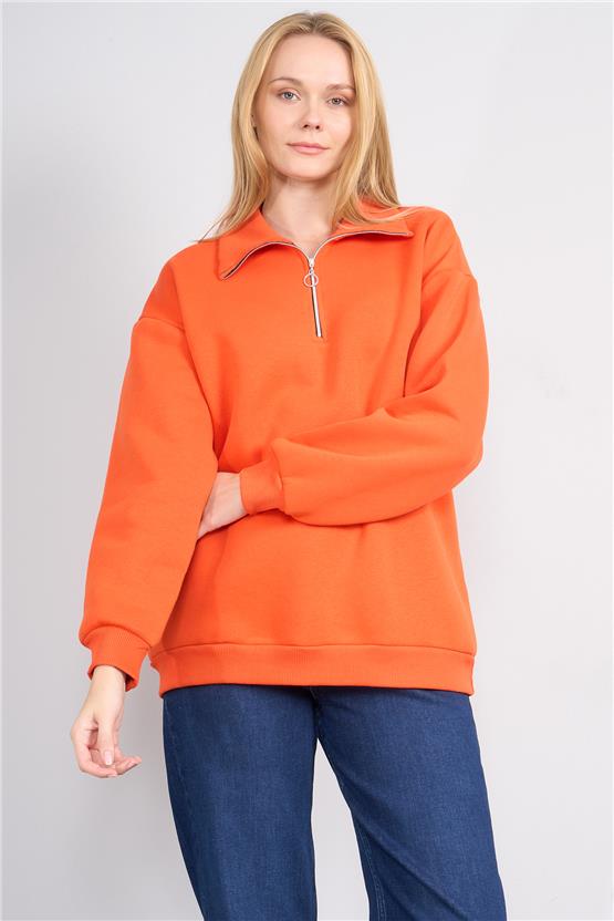Çetinkaya Fithit 8393 Kadın Fermuarlı Dik Yaka 3 İplik Sweatshirt Oranj
