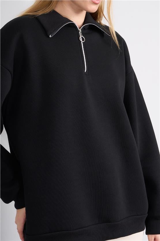 Çetinkaya Fithit 8393 Kadın Fermuarlı Dik Yaka 3 İplik Sweatshirt Siyah