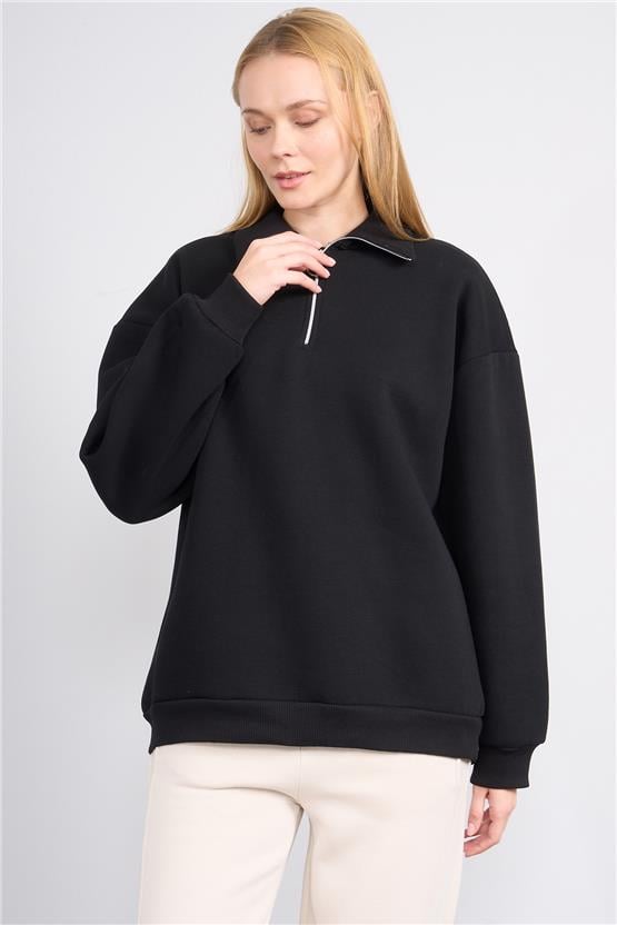 Çetinkaya Fithit 8393 Kadın Fermuarlı Dik Yaka 3 İplik Sweatshirt Siyah