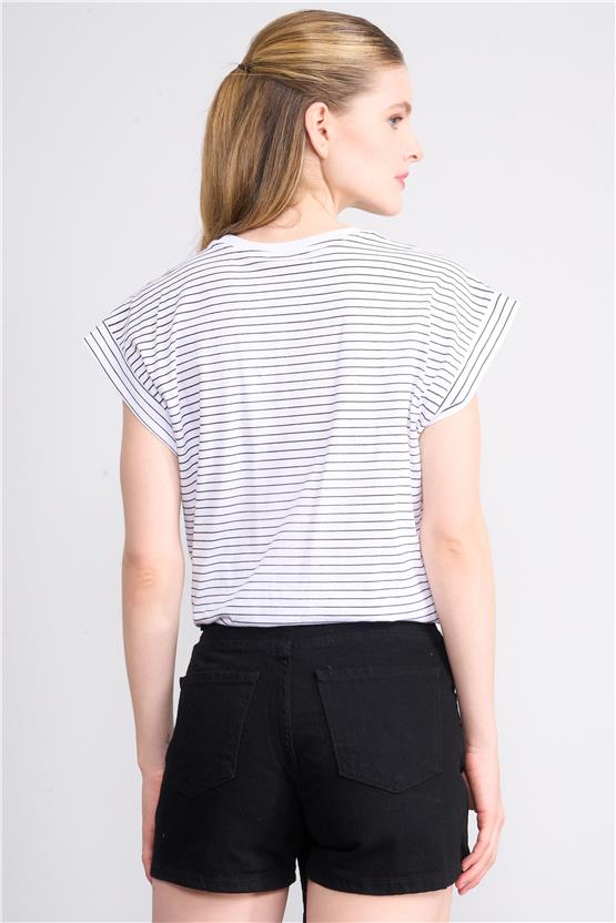 Çetinkaya Fithit 8428 Bayan Bisiklet Yaka 30/1 Metraj Baskı T-shirt Beyaz Üzeri Siyah Çizgi