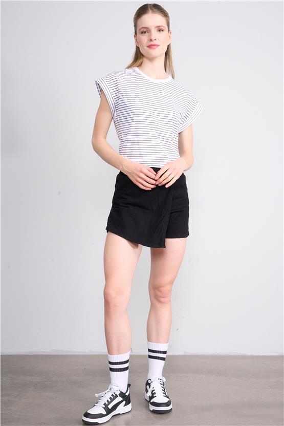 Çetinkaya Fithit 8428 Bayan Bisiklet Yaka 30/1 Metraj Baskı T-shirt Beyaz Üzeri Siyah Çizgi