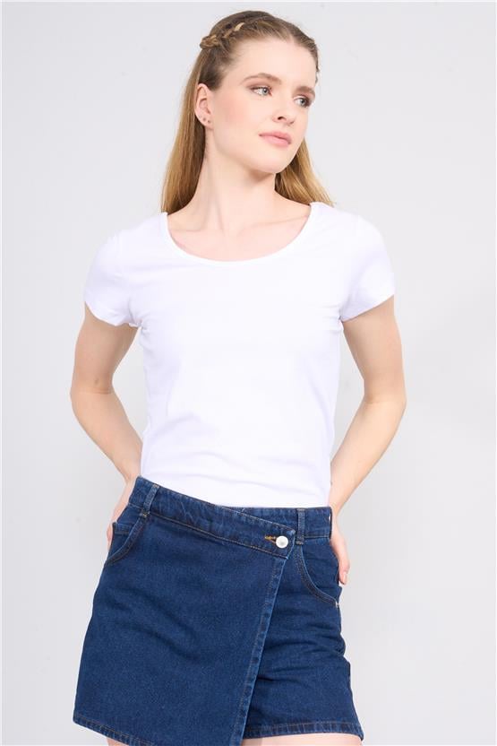 Çetinkaya Fithit 8469 Bayan Bisiklet Yaka 30/1 Compact Penye Süprem T-shirt Beyaz