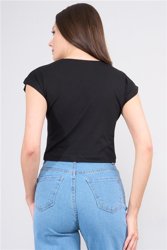 Çetinkaya Fithit 8503 Bayan Bisiklet Yaka 30/1 Likralı Süprem Crop T-shirt Siyah