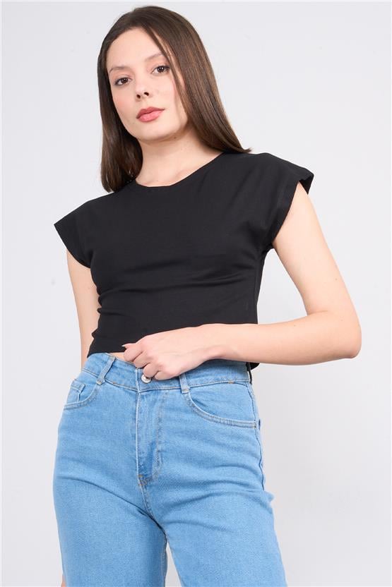 Çetinkaya Fithit 8503 Bayan Bisiklet Yaka 30/1 Likralı Süprem Crop T-shirt Siyah