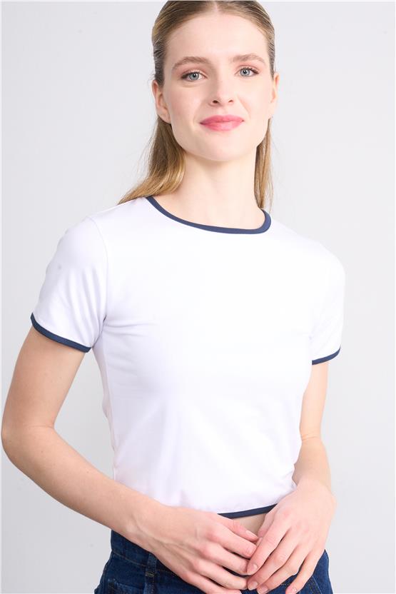 Çetinkaya Fithit 8505 Bayan Bisiklet Yaka 30/1 Likralı Süprem Crop T-shirt Beyaz
