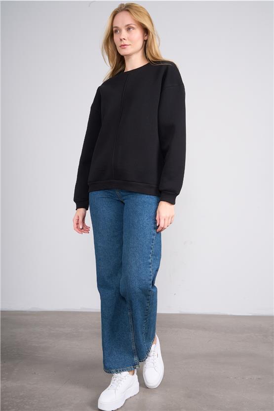 Çetinkaya Fithit 8514 Kadın Bisiklet Yaka 3 İplik Loose Fit Sweatshirt Siyah