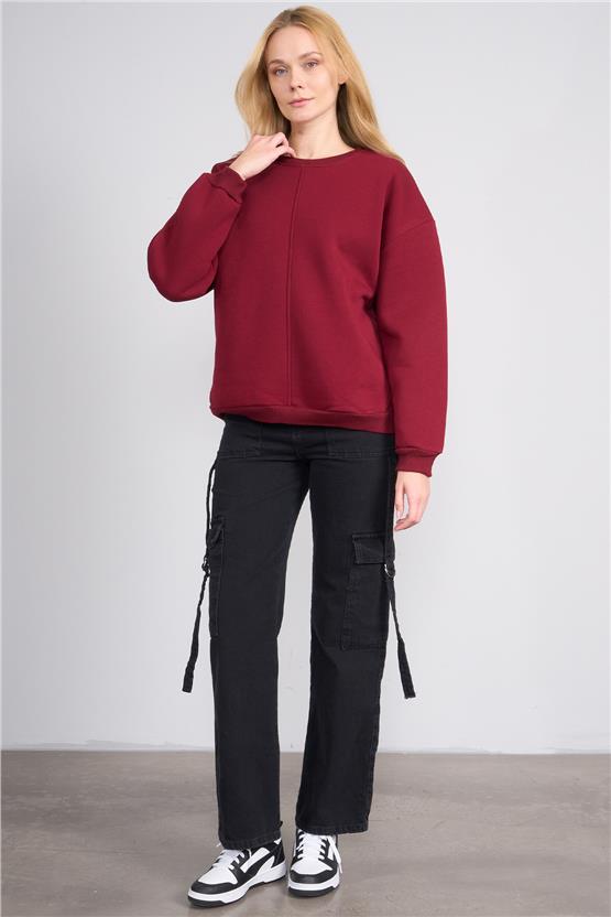 Çetinkaya Fithit 8514 Kadın Bisiklet Yaka 3 İplik Loose Fit Sweatshirt Bordo