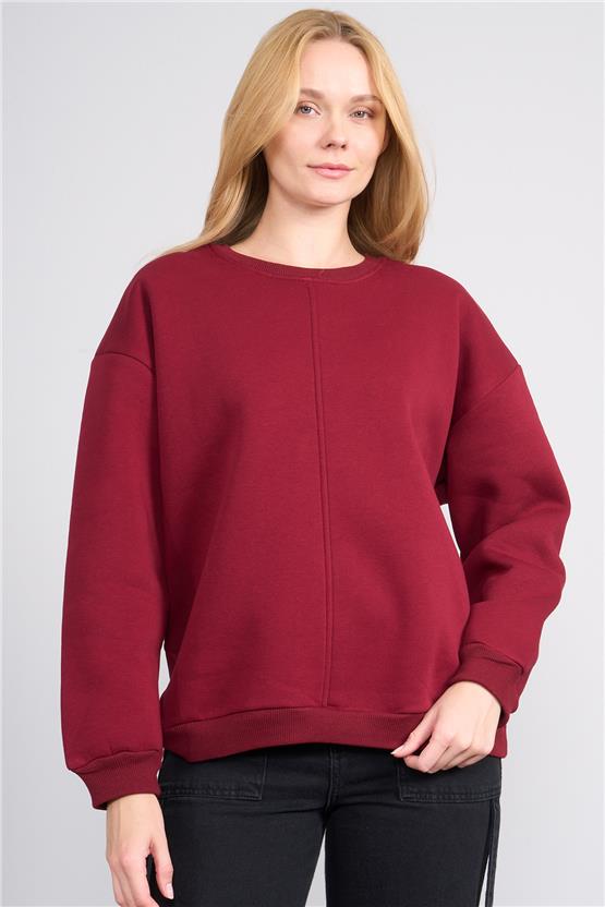 Çetinkaya Fithit 8514 Kadın Bisiklet Yaka 3 İplik Loose Fit Sweatshirt Bordo