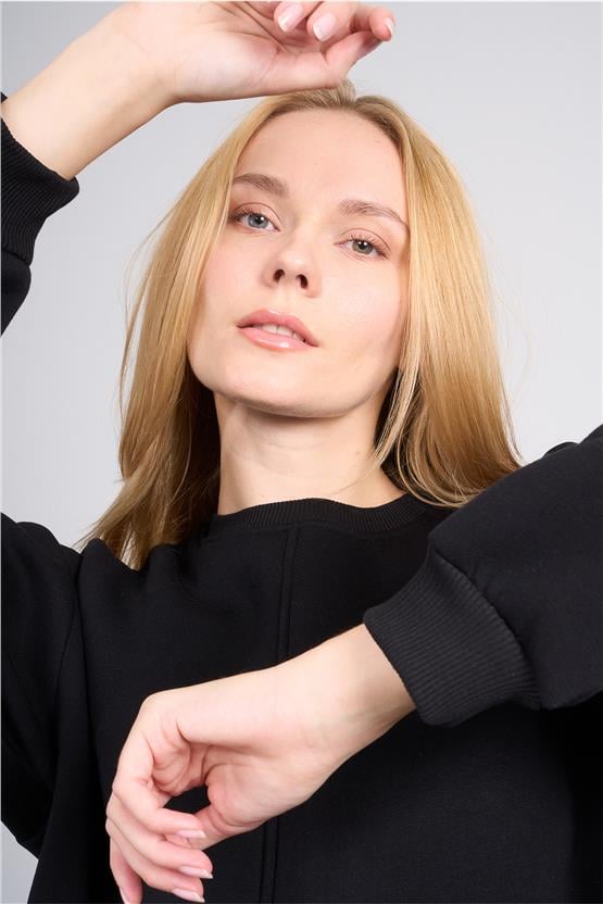 Çetinkaya Fithit 8514 Kadın Bisiklet Yaka 3 İplik Loose Fit Sweatshirt Siyah