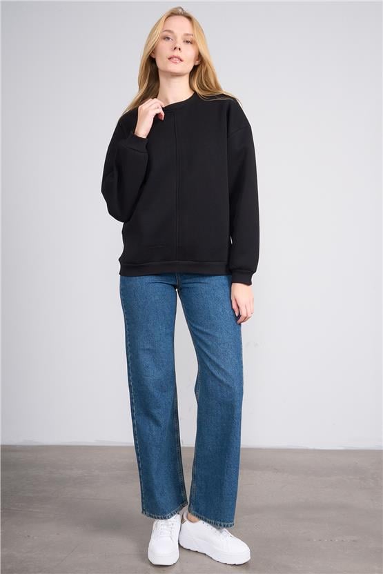 Çetinkaya Fithit 8514 Kadın Bisiklet Yaka 3 İplik Loose Fit Sweatshirt Siyah