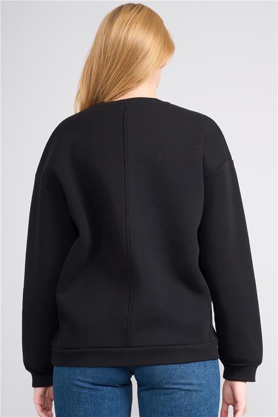 Çetinkaya Fithit 8514 Kadın Bisiklet Yaka 3 İplik Loose Fit Sweatshirt Siyah