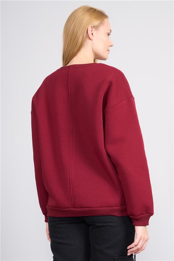 Çetinkaya Fithit 8514 Kadın Bisiklet Yaka 3 İplik Loose Fit Sweatshirt Bordo