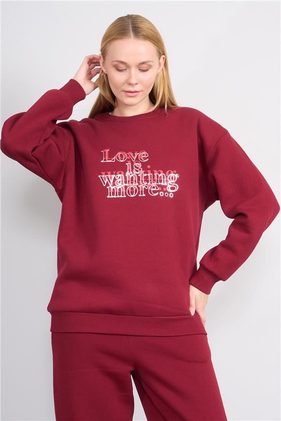 Çetinkaya Fithit 8563 Kadın Bisiklet Yaka Oversize Baskılı Sweatshirt Bordo