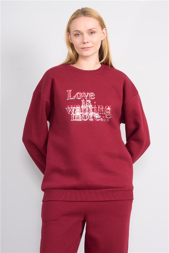 Çetinkaya Fithit 8563 Kadın Bisiklet Yaka Oversize Baskılı Sweatshirt Bordo