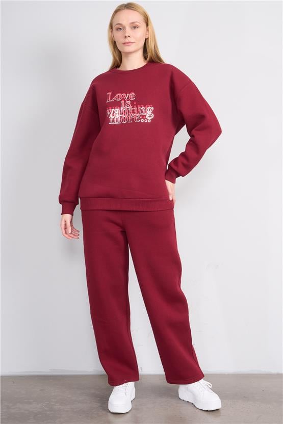Çetinkaya Fithit 8563 Kadın Bisiklet Yaka Oversize Baskılı Sweatshirt Bordo