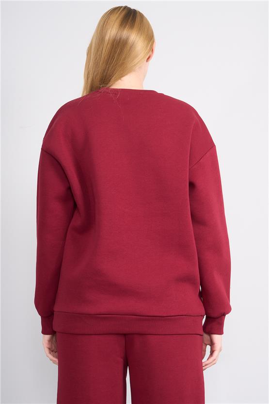 Çetinkaya Fithit 8563 Kadın Bisiklet Yaka Oversize Baskılı Sweatshirt Bordo