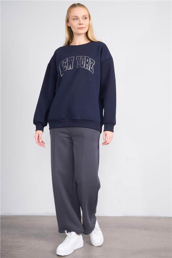 Çetinkaya Fithit 8566 Kadın Bisiklet Yaka Oversize Baskılı Sweatshirt Lacivert