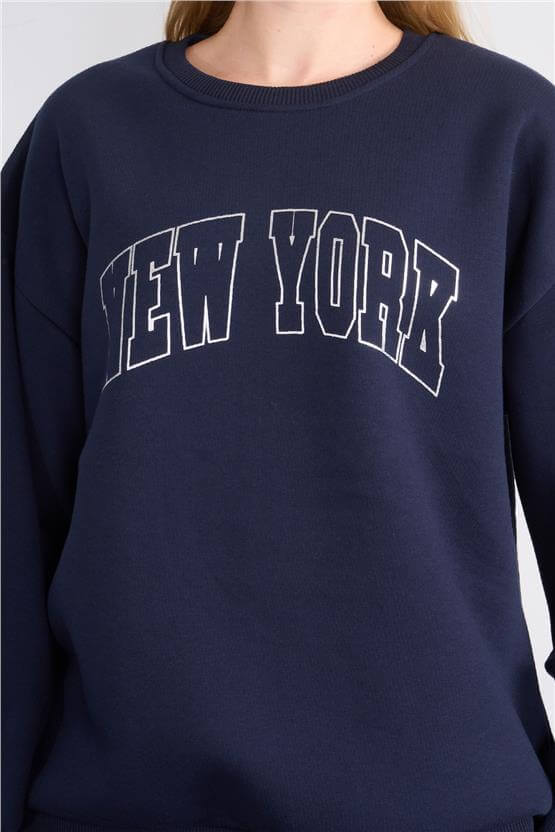 Çetinkaya Fithit 8566 Kadın Bisiklet Yaka Oversize Baskılı Sweatshirt Lacivert